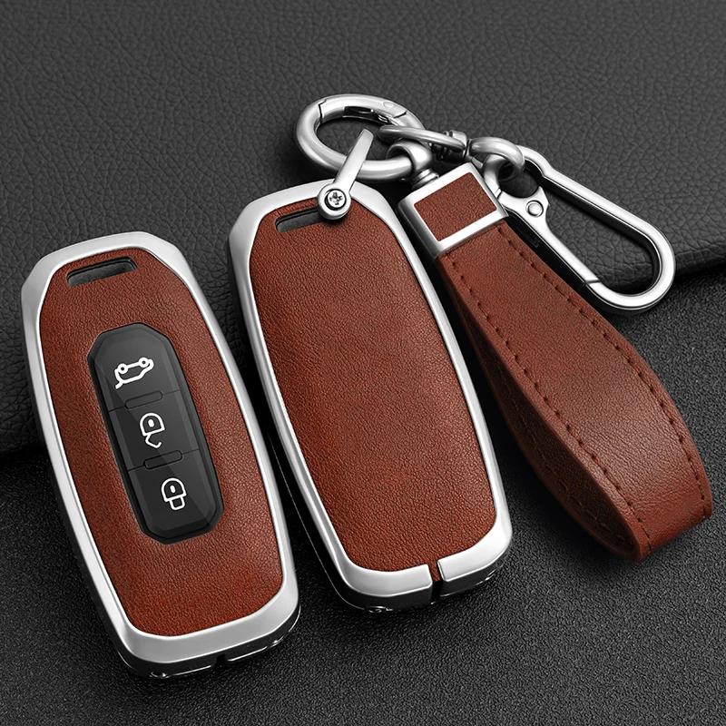 Zinc Alloy + Leather Car Key Case Cover For Ford Territory 2019 2020 2021 2022 2023 2024 3 Buttons Keyless Entry Key Protection
