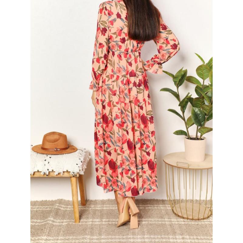 Women Floral Print Long Sleeve V Neck Ruffle Trim Tiered Chiffon Maxi Dress Boho Casual Beach Vacation Wedding Guest Evening Party Elegant Long Dress
