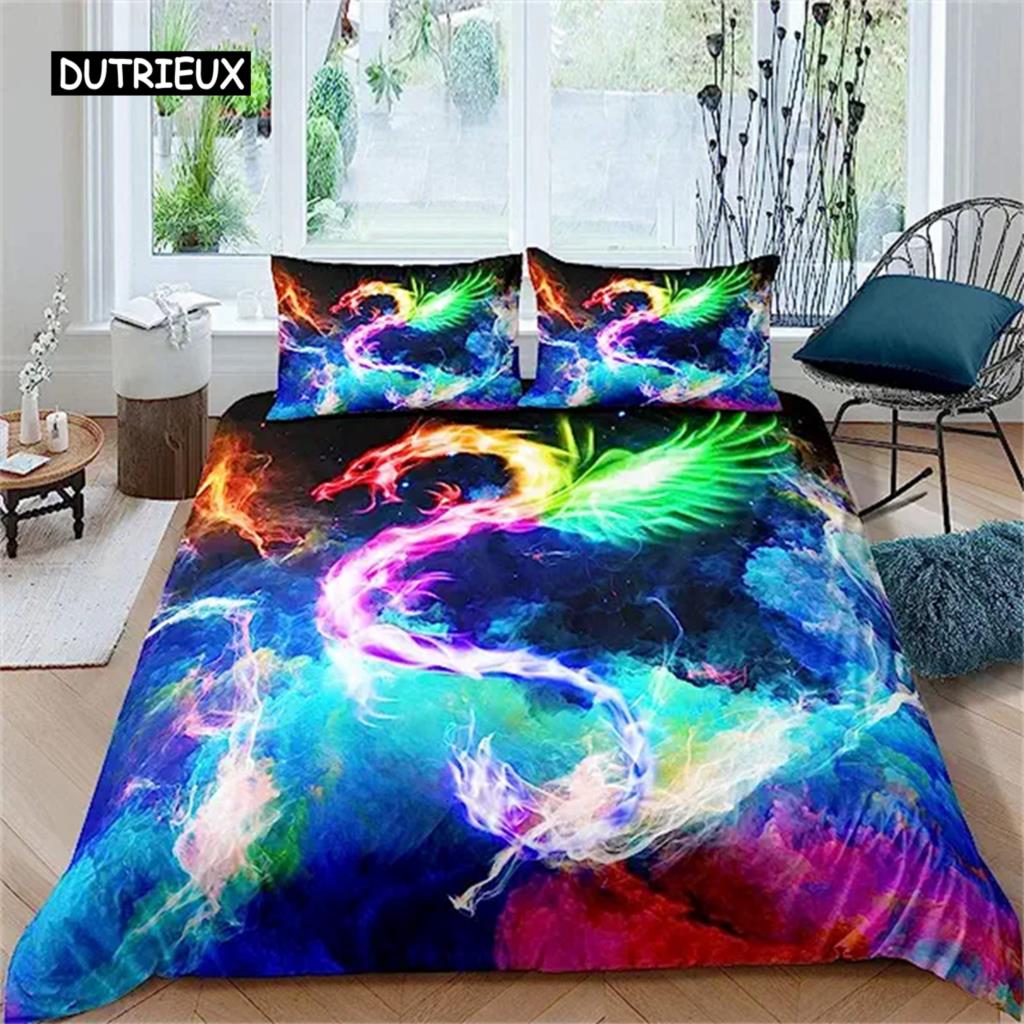 Dragon Purple Nebula Duvet Cover Outer Space Comforter Trippy Bedding Set For Kids Boys Girls Teens Room Decor