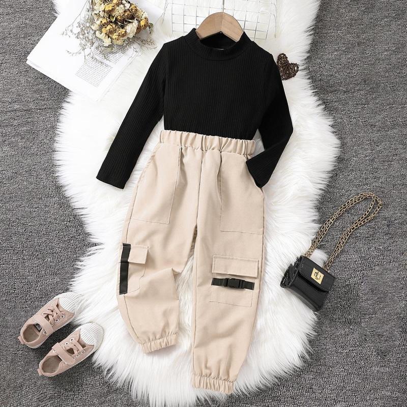 Autumn Children Clothing Knitted Pullover Top + Fashion Cargo Elastic Waist Long Pants Set