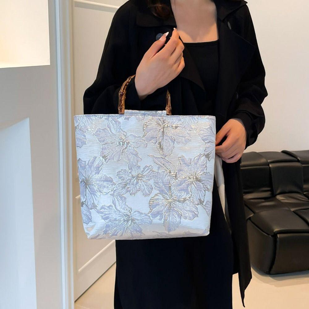 Bamboo Joint Canvas Tote Bag Zipper Closure Embroidered Design Chinese Style Bag Flower Pattern Large Capacity Jacquard Handbag