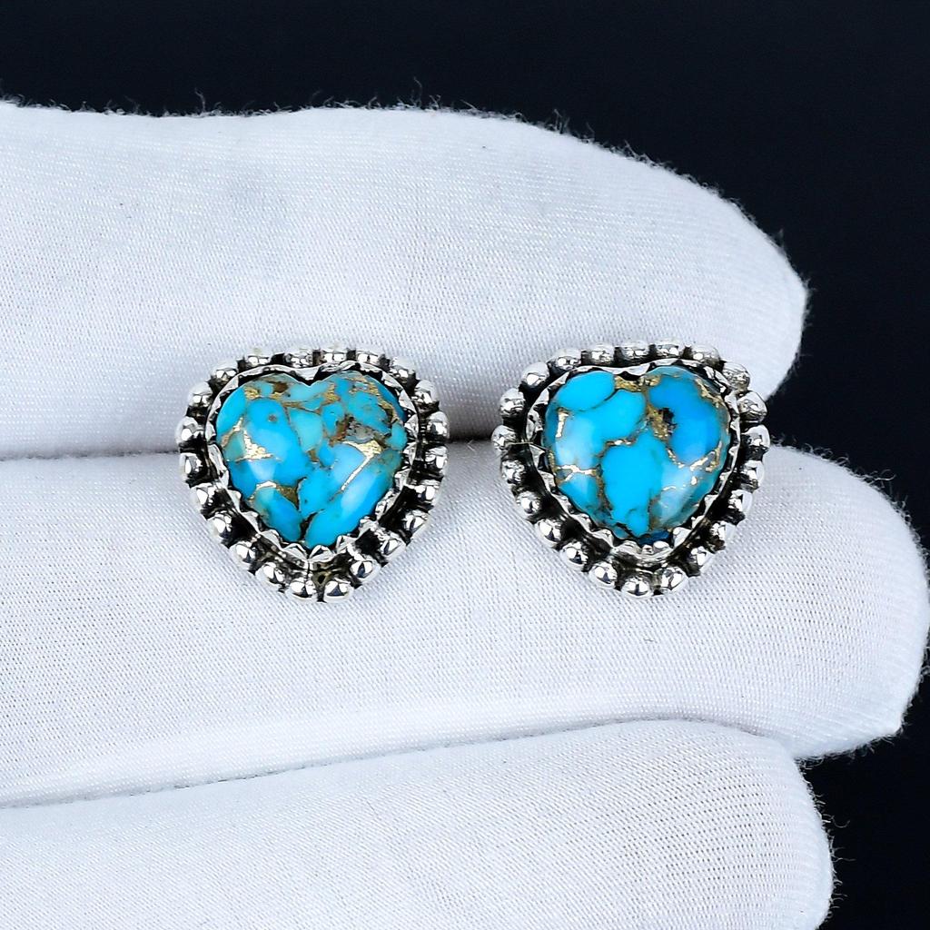 Blue Spiny Turquoise Earrings | 925 Sterling Silver Stud Earrings | Handmade Gemstone Love Studs Heart Earrings | Boho Jewelry Birthday Gift