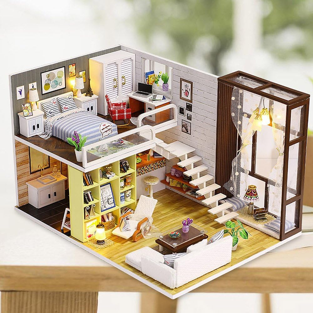 Caro Dollhouse Miniature DIY Kit Modern Two-Story House with LED Light and Acrylic Case Interior Model Room