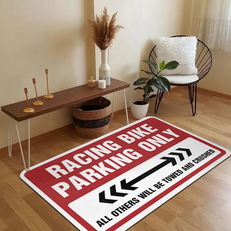 Racing Bike Parking Only Text Doormat, Sporty Warning Slogan Non-Slip Rug, Durable Washable Welcome Mat for Entryway and Garage