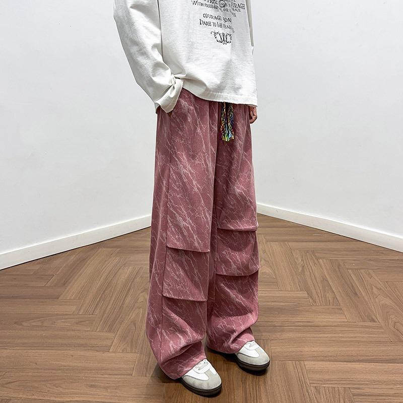 

Men s Contrasting Color Elastic High-waisted Tie-dye Embroidered Drawstring Casual Loose Wide-leg Sweatpants Trousers S розовый