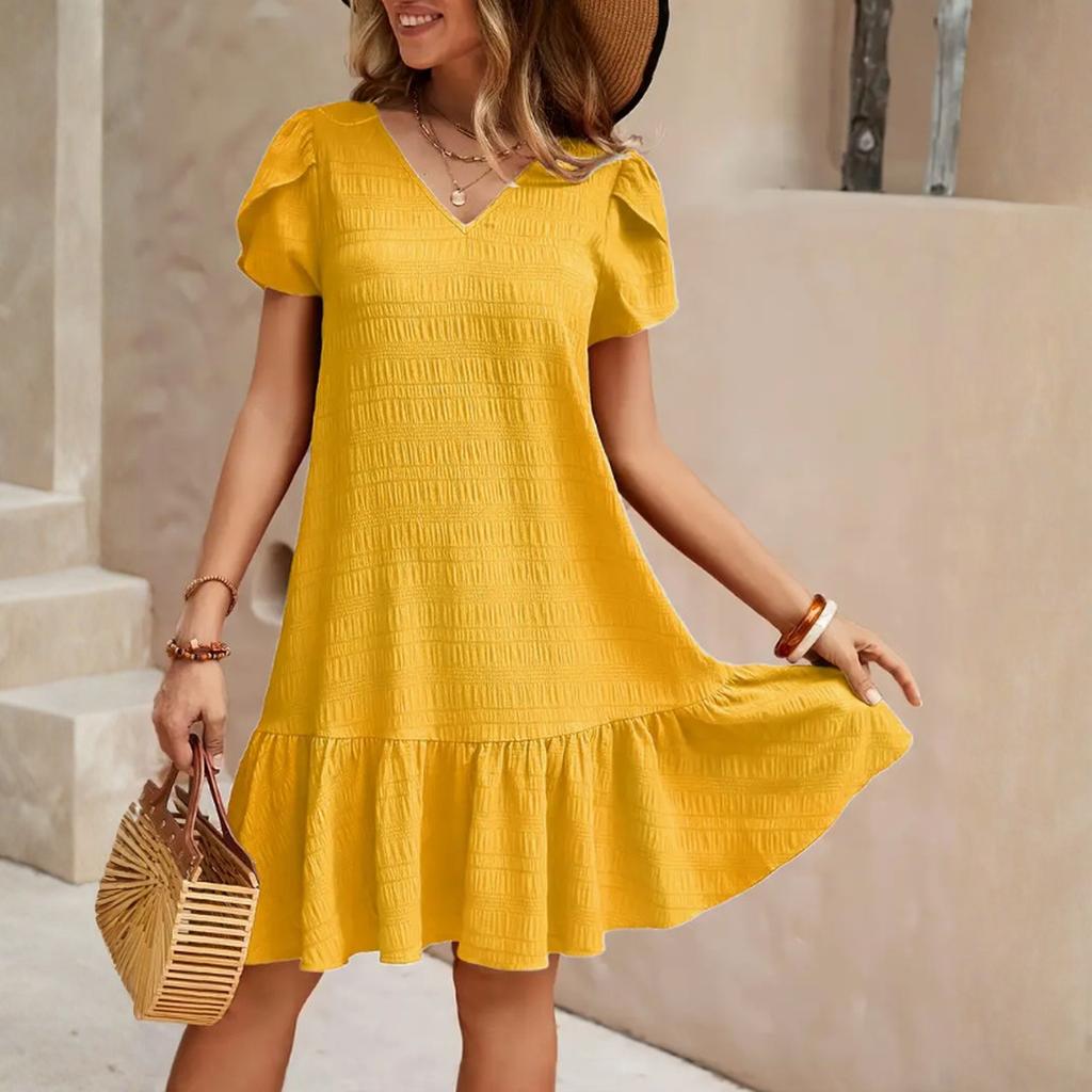 Fashionable Women's V-neck Color Loose Dress Casual Short Sleeved Dress