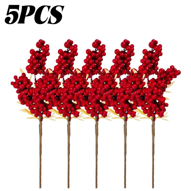 5/1PC Red Artificial Berries Christmas Small Berry Xmas Tree Ornaments DIY Wreaths Berry Branches Fake Flower Party Decoration