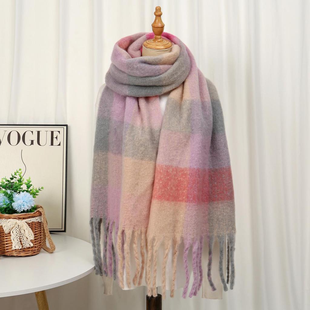 Rainbow Mohair Plaid Scarf - Thick, Chunky, Warm Winter Tassel Neck Warmer in Four Colors