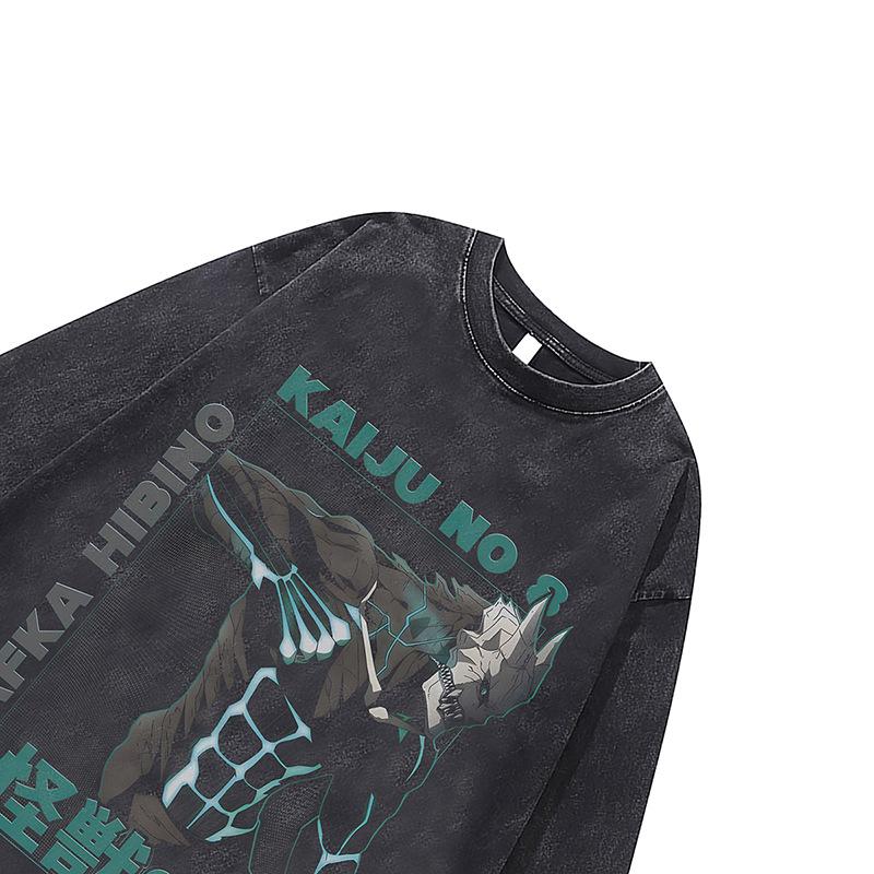 Street Tide Brand Two-Dimensional Dark Animation Print Oversize Retro Washed Old Long-Sleeved T-Shirt Men