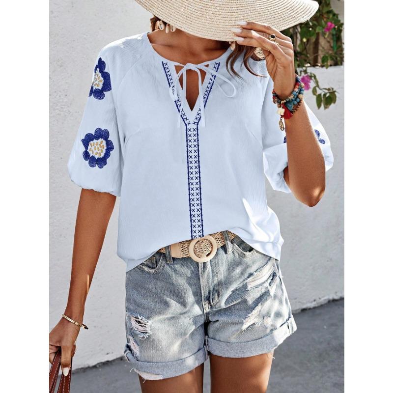 Spring and summer round neck short-sleeve shirts loose tops for women S синий
