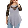 Plus Size Women Solid Floral Lace  Asymmetric Three Quarter Tops Blouse