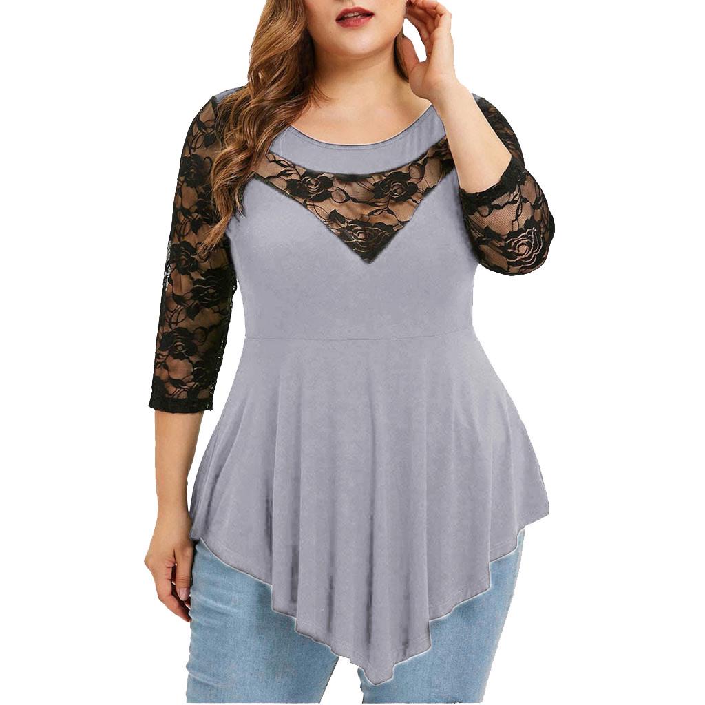 Plus Size Women Solid Floral Lace  Asymmetric Three Quarter Tops Blouse