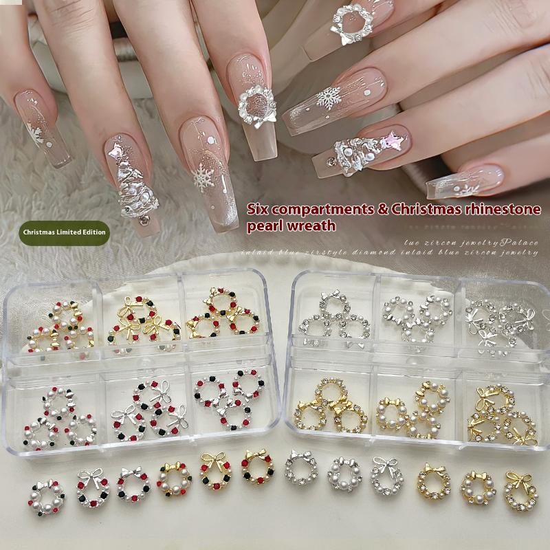 6 Grids Christmas Wreath Nail Art Rhinestone With Pearls Mixed Size Nail Parts Accessories DIY Decoration