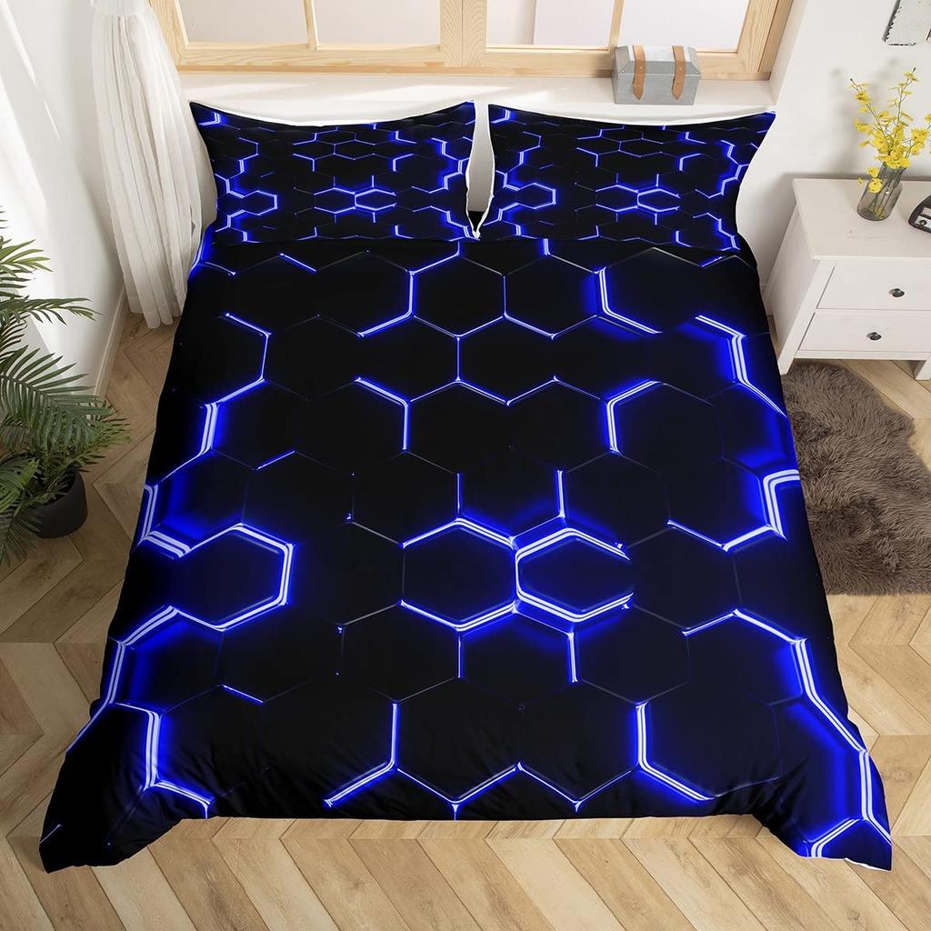 3D Geometric Duvet Cover Set Full Size,Geometry Bedding Sets Honeycomb Hexagon With Pink Blue Neon Lights Comforter Cover Set