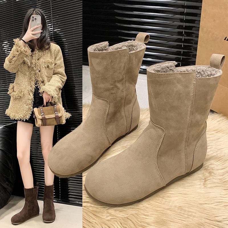 Damen Knöchelboots 2026 Herbst Winter Mode Runde Spitze Damen Kurze Stiefel Niedriger Absatz Plateau Lässig Plüsch Warm Baumwolle Botas Mujer