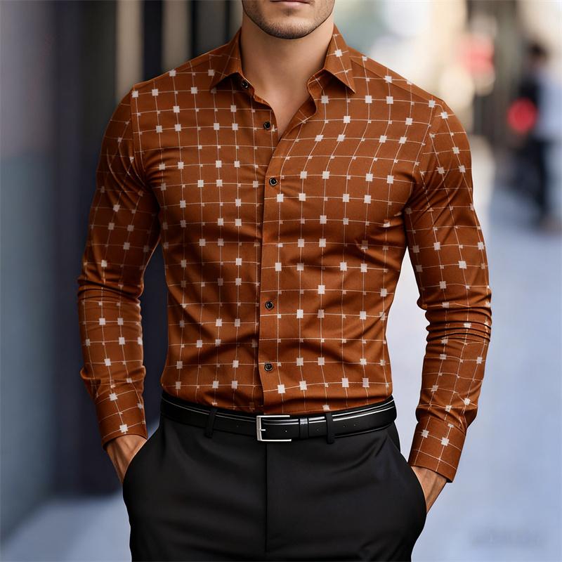 Men's Stylish Geometric Square Print Long-sleeved Shirt, Slim Fit Business Casual Shirt
