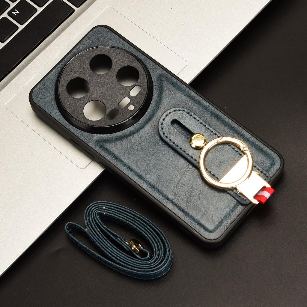 For Xiaomi 14 Ultra Case PU Leather+PC+TPU Wristband Kickstand Drop-proof Phone Cover