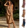 Women's Draped Deep V Neck Dress, Summer Sleeveless Loose Flowy Dress, Casual Travel Vacation Ruched Long Dress