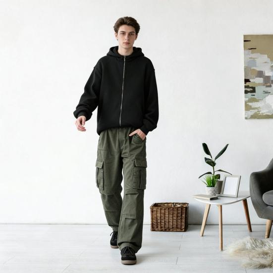 Men Retro Cargo Pants Multi Pocket Casual Baggy Trousers Loose Fit Wide Leg Trousers for Travel Gym School Street Wear