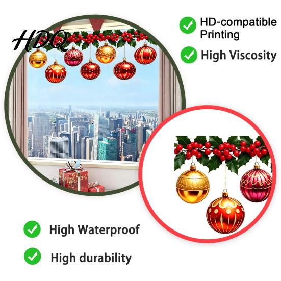 Holiday Glass Decals Christmas Hanging Ball Holly Static Window Stickers Waterproof PVC Decorative for Removable Wall Decor Home Store Doors,