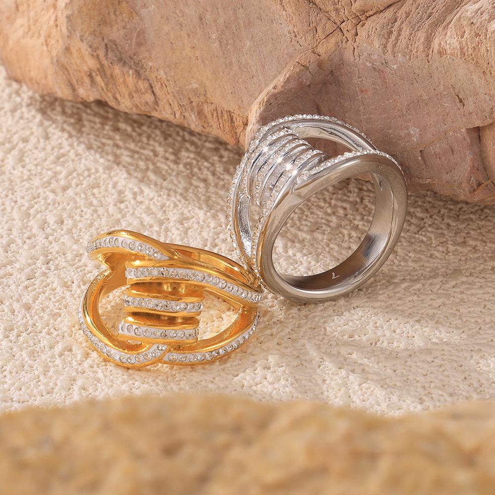 Hepburn Style New Geometric Double-Layer Splicing Ring Titanium Steel Plated 18K Gold Studded With Diamonds Fashion Ring