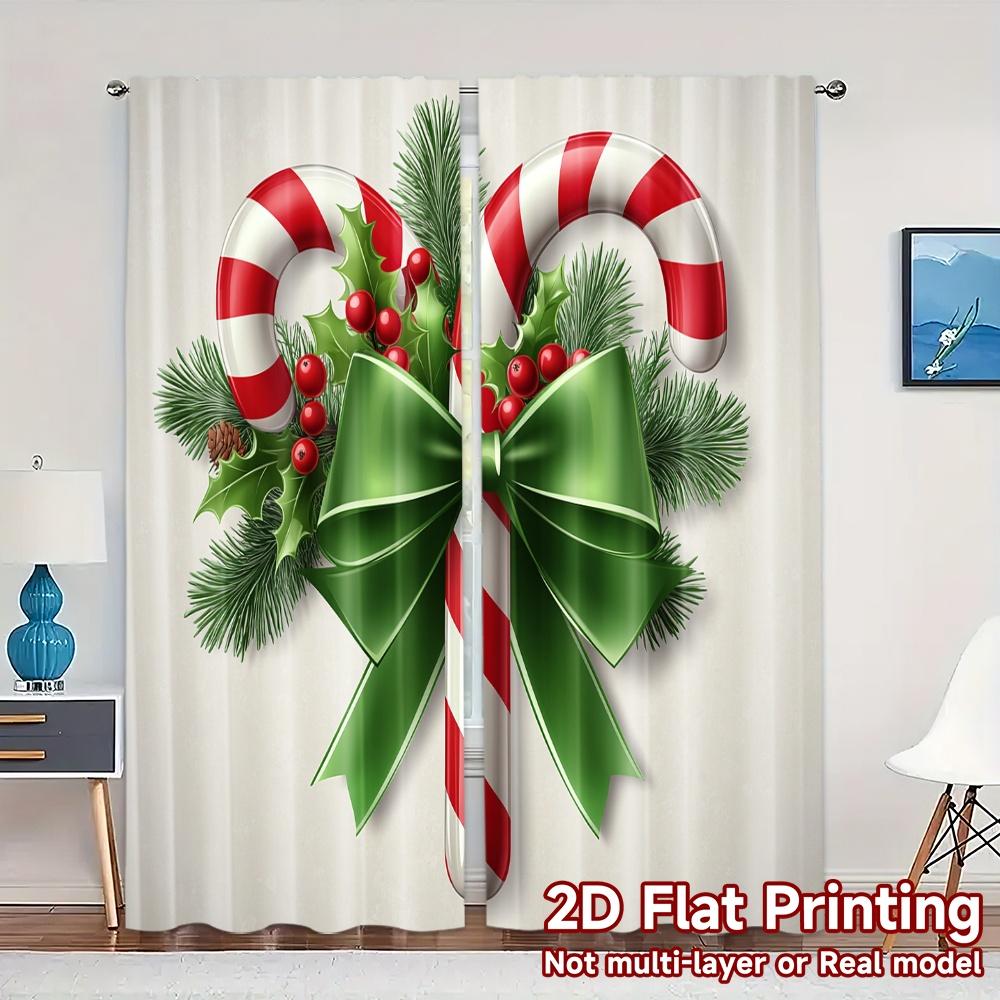 2pcs,Curtains Christmas Candy Cane Ribbon Berry (3) Popular Print Curtains Yarn Curtains Gifts for Bedroom, Living Room, Office 60×150cm