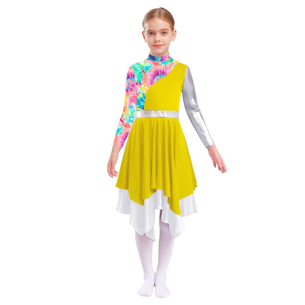 Dziewczęca liturgiczna sukienka do tańca pochwalnego z imitacją golfu, długim rękawem, stylowym nadrukiem, metalicznym color blockiem, o nieregularnym kroju