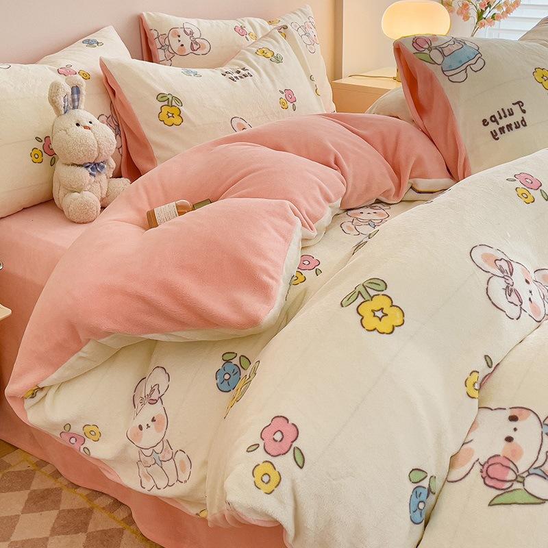 Winter Thickened Milk Velvet Four-piece Set Plus Velvet Warm Coral Velvet Quilt Cover Flannel Sheet Quilt Cover Bedding
