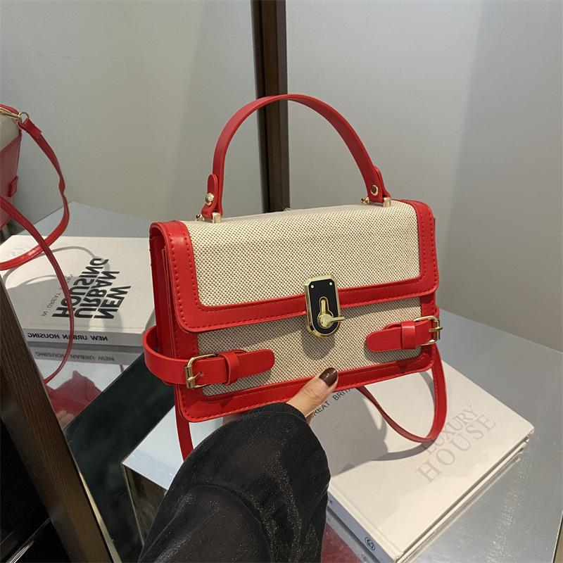 NEW Luxury Designer Lock Straw and PU Leather Patchwork Women's Handbag Retro Crossbody Bag Flap Tote