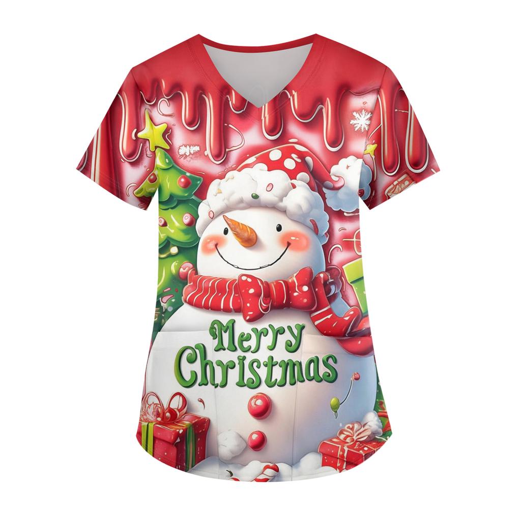 Ladies' Christmas Printed Fashionable V-neck Pocket Short Sleeved  Uniform And Caregiver Top