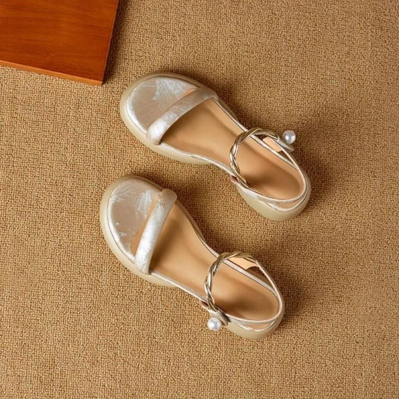 

Fashion 2025 New Fashionable High Heel Pearl Button Open toed Sandals for Women s Summer Outerwear Thick soled Commuting Beach Shoes 35