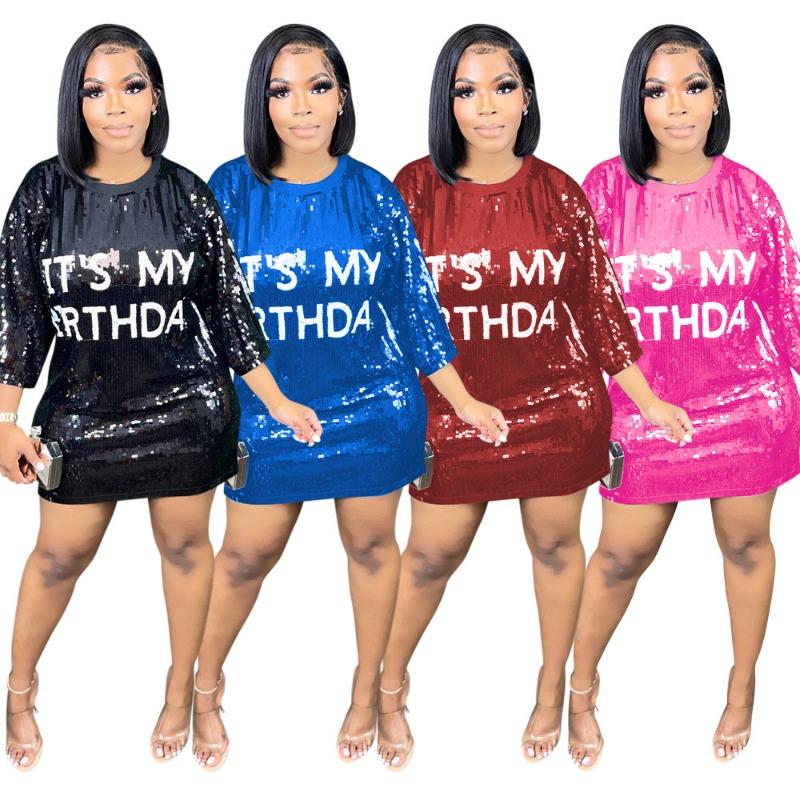 Plus Size Women's Fashion Round Neck Half Sleeve Loose Beaded Printed Nightclub Dress