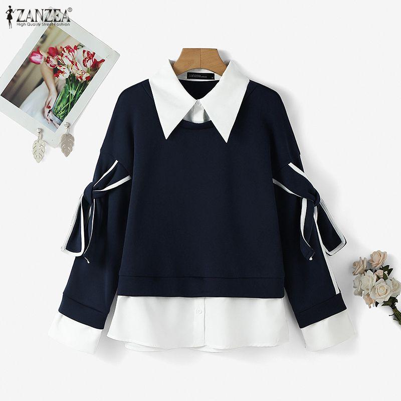 ZANZEA Sweat-shirts décontractés pour femmes à col rabattu, manches longues et patchwork