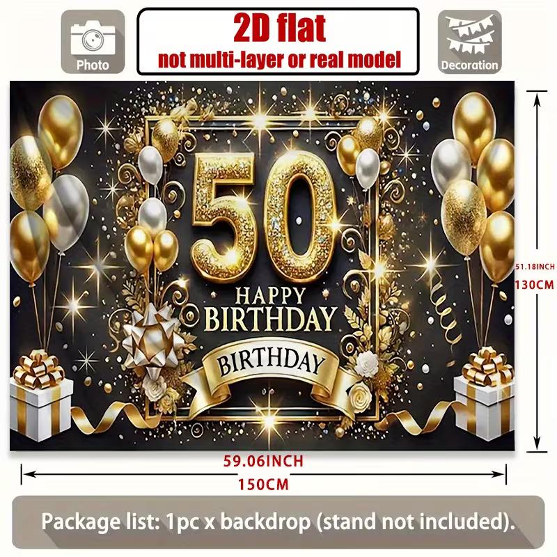 2D Black Gold Happy 50th Birthday Backdrop Glitter Balloon Party Decoration Banner