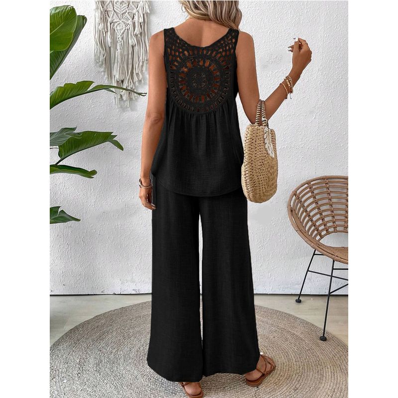 

Fashion Summer New Fashion round Neck Solid Color Back Crocheted Cut Out Sleeveless Tops Wide Leg Pants Two-piece Set Outfit Black M