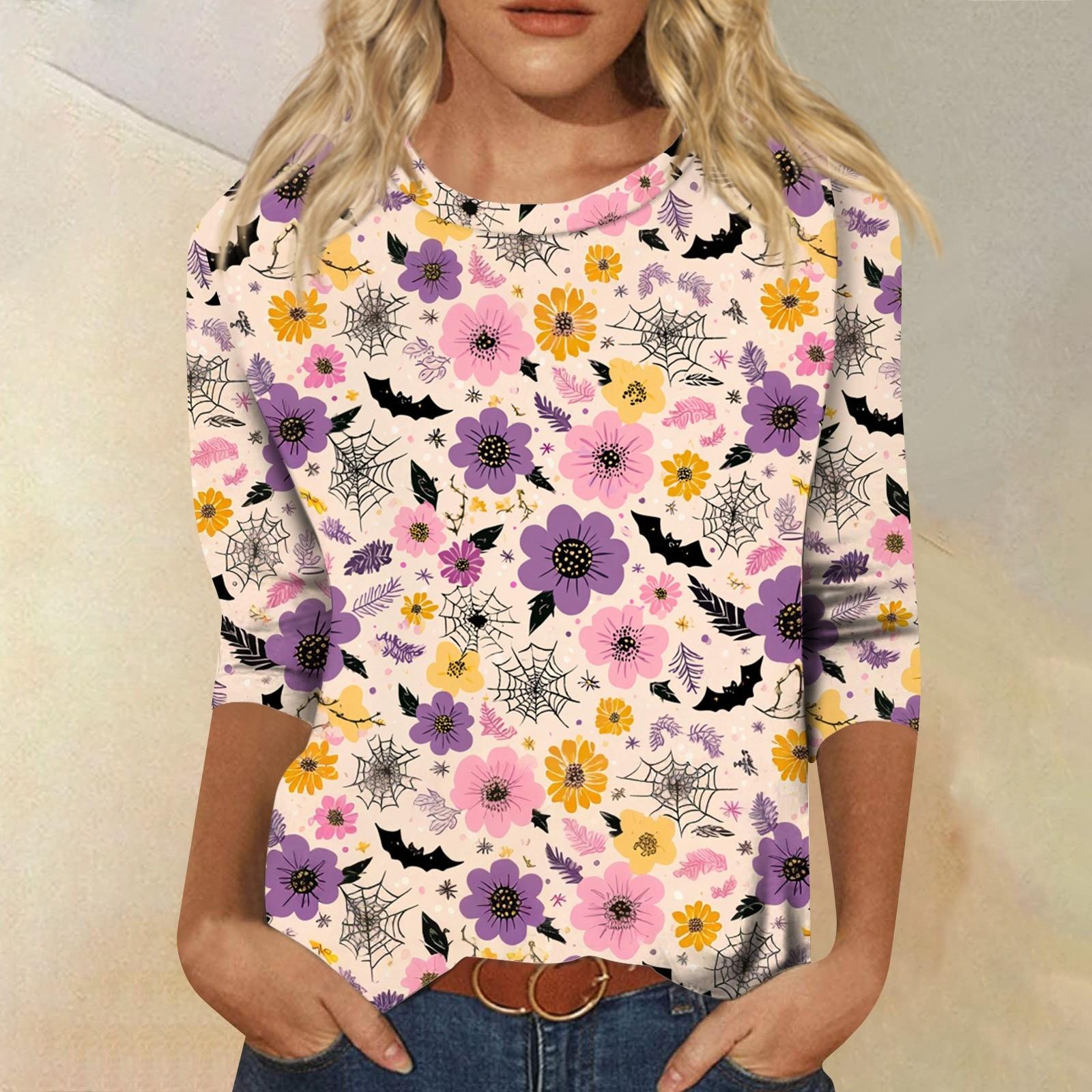 

Women s Tops Three-quarter Sleeve Shirt V-neck Loose Casual Shirt Print T-shirt S