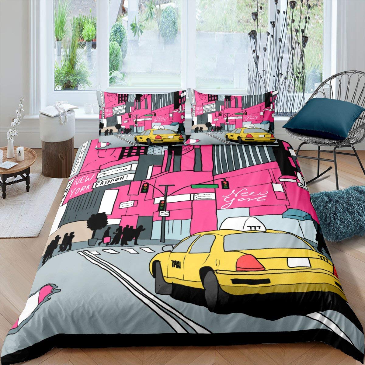 

Comforter Yellow Taxi Car King Queen Boys Cartoon Transport Bedding Set Pink Cityscape Polyester Comforter Comforter (quilt)-EU Single(135*200cm)3pcs