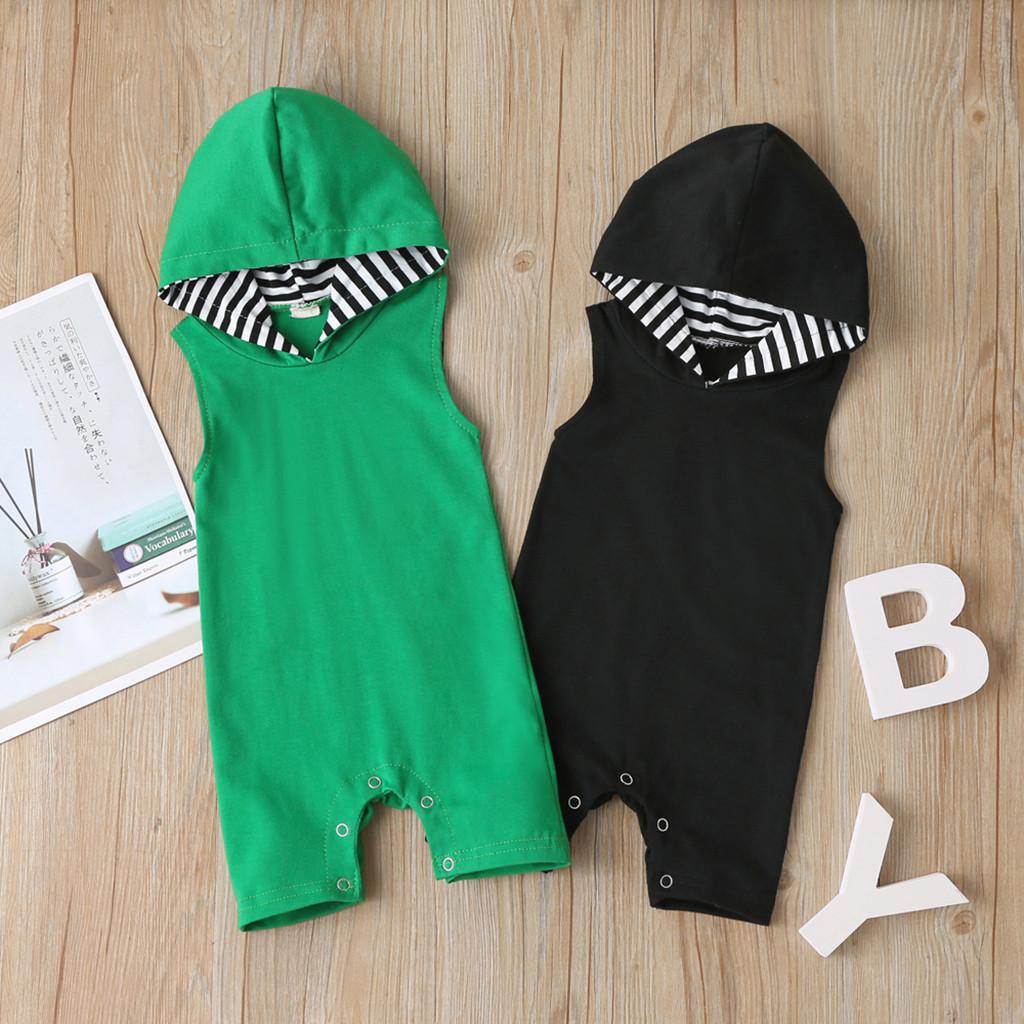 

Infant Baby Boys Girls Sleeveless Solid Striped Hooded Romper Jumpsuit Clothes