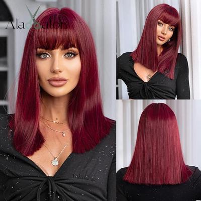Pelucas sintéticas de color rojo vino para mujer, peluca Bob recta de longitud media con flequillo, cabello de fibra natural para cosplay, resistente al calor