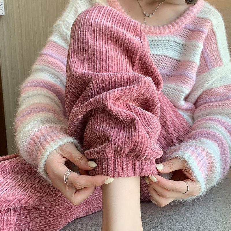 Coffee Corduroy Pants Women's Autumn and Winter New High Waist Fleece Sweatpants Casual Tie Feet Thickened Sweatpants