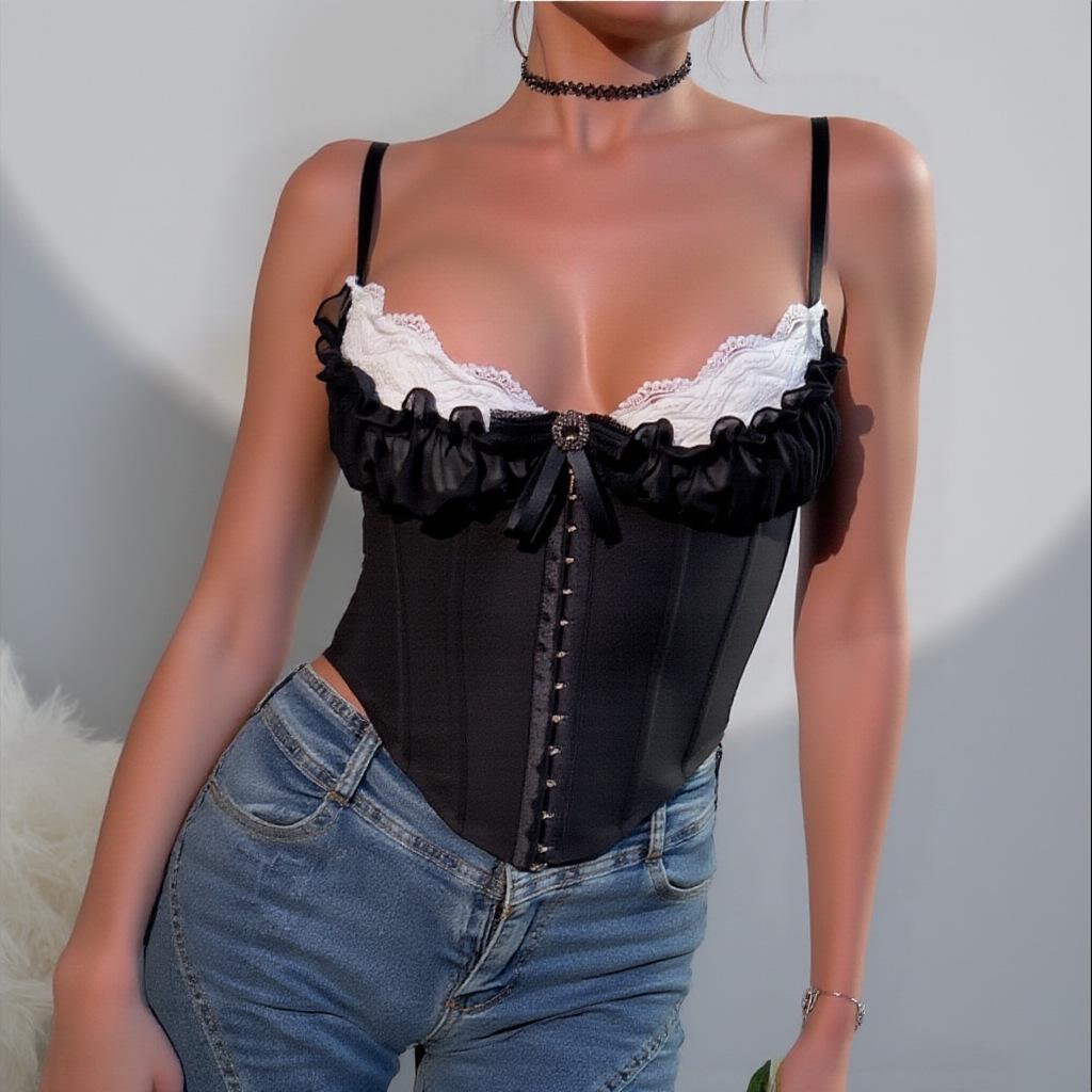 Grenzüberschreitendes Sexy Bandeau Spitzenkorsett Camisole: Netzstoff-Patchwork-Baumwoll-Fischgräten-Oberteil