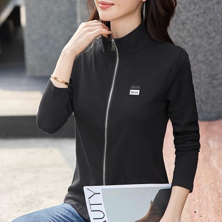 Women's Pure Cotton Long Sleeve Zipper Cardigan with Stand-Up Collar - Autumn Fashion Outerwear Top