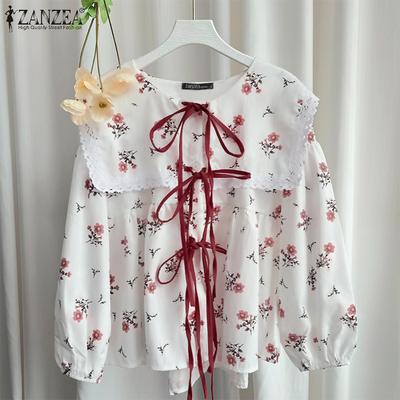 Women Casual Round Neck Long Sleeve Loose Floral Blouse