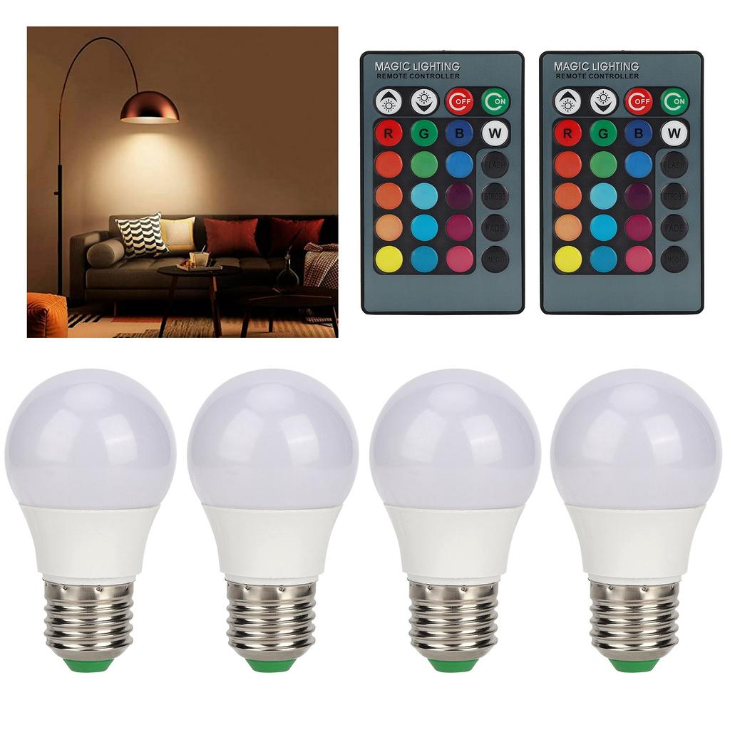4pcs E27 RGB LED Light Bulbs Colorful Decorating Lamp with 2 Remote Controls 3W AC85‑265V