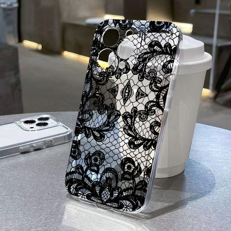 

Trendy Black Lace Flower Pattern Phone Case For iPhone 17 11 12 13 14 15 16 Pro Max 16 16E Plus Shockproof Silicone Cover iphone 13 ProMax