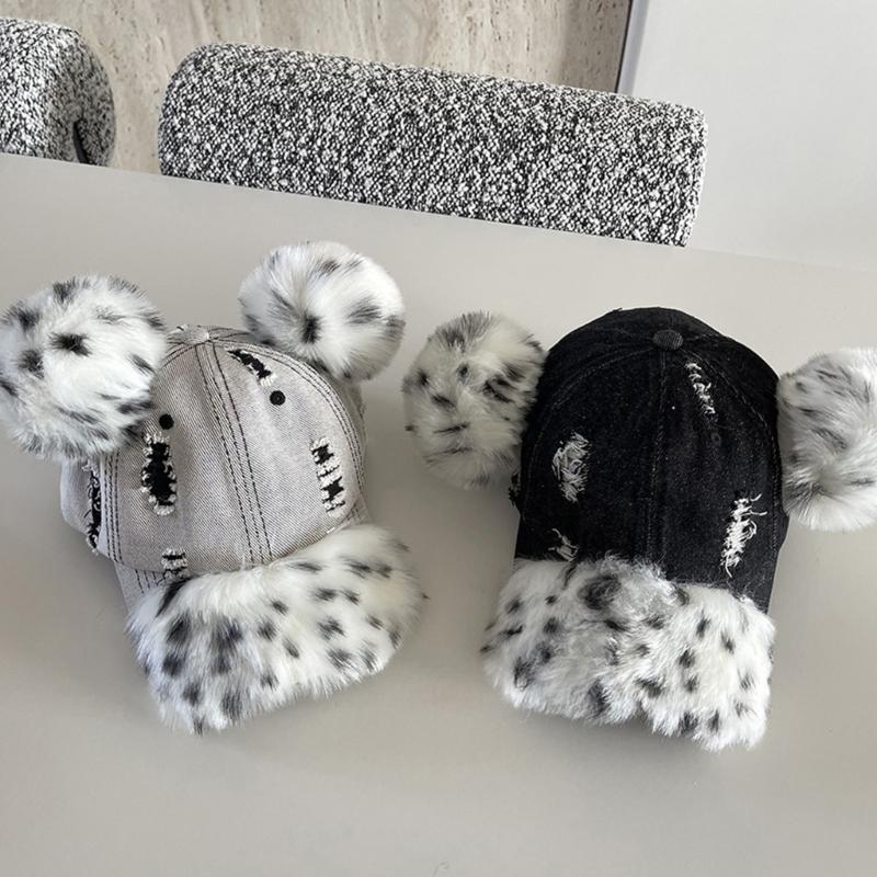Fashionable Baseball Caps Unique Pompoms Furry Brim Dotted Pattern for Idol Concert Shows Stage Dance Headwear