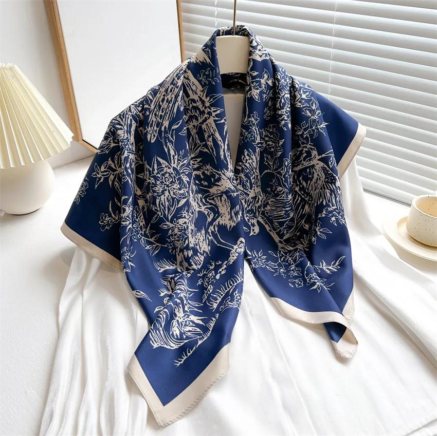 90*90Cm Square Silk Scarf Women Light Luxury Fashion Shawl Sunscreen Headscarf Designer Hijab Feamle Scarves Bandana