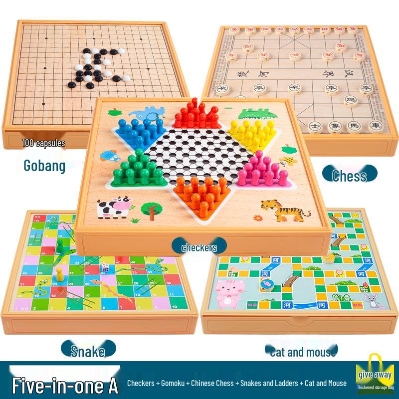Multi-game Board Set: Ludo, Five-in-a-Row, Chinese Chess, Checkers, Animal Adventure, Kids' Chess
