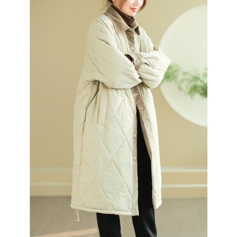 Large Size Women's Winter Clothing New Retro Literary Women's Cotton-padded Clothes Corduroy Splicing Padded Cotton Thickened Winter Coat Women