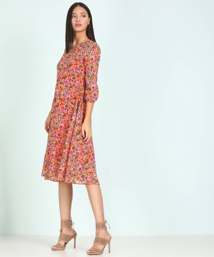 Women's Fit and Flare Black Dress Party Wear Printed Midi Gown Kurti Top Tunic Ethnic